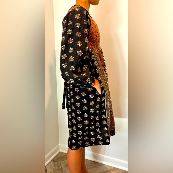 VINTAGE Hand Sewn 70s/80s Black Brown Floral Empire Waist Prairie Midi Dress S - Picture 3 of 4